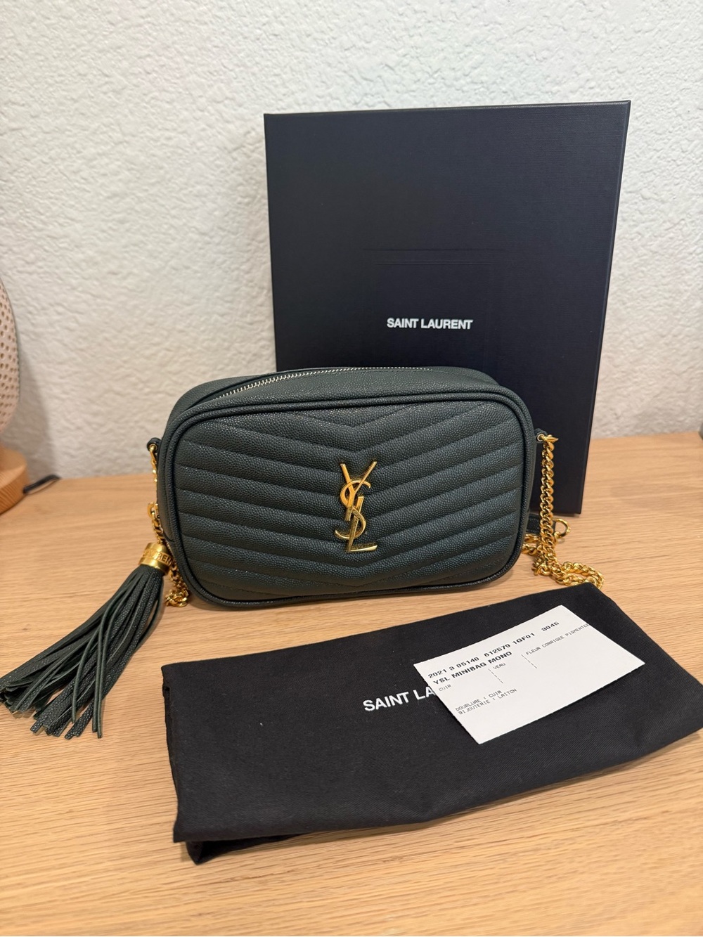 Saint Laurent Dark Green Chevron Quilted Camera Bag with Gold Hardware